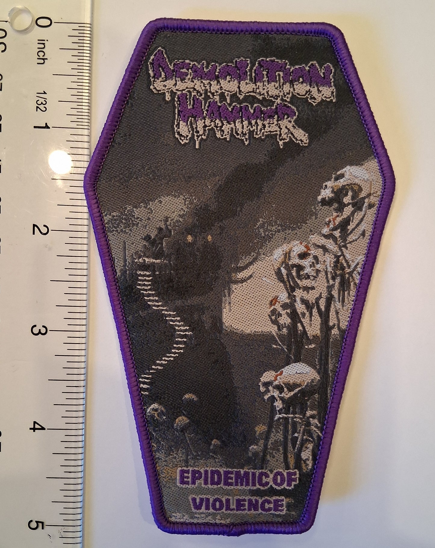 Demolition Hammer epidemic of violence Purple Border Coffin shaped Woven patch