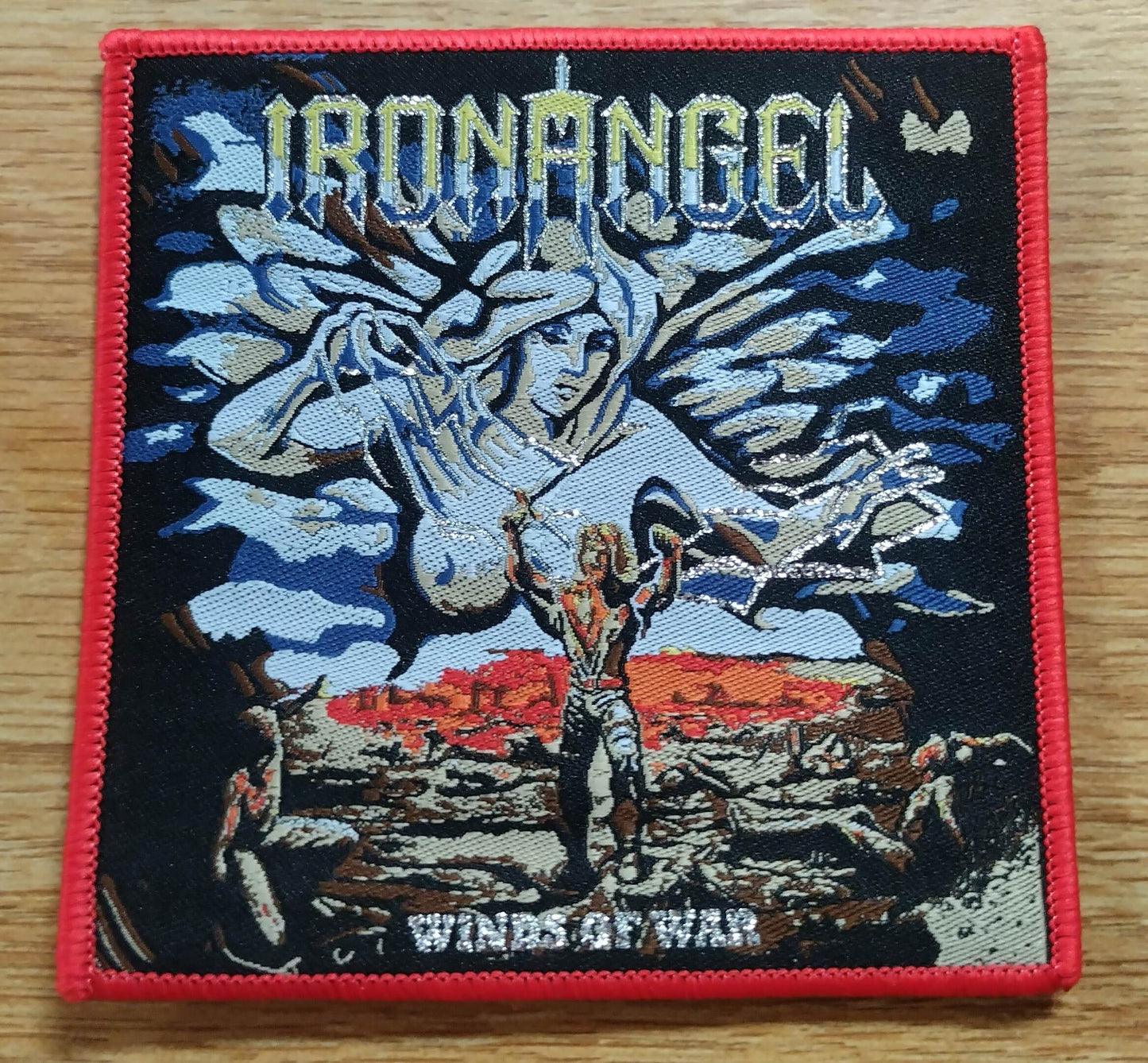 Iron Angel wings of war Woven Patch red border