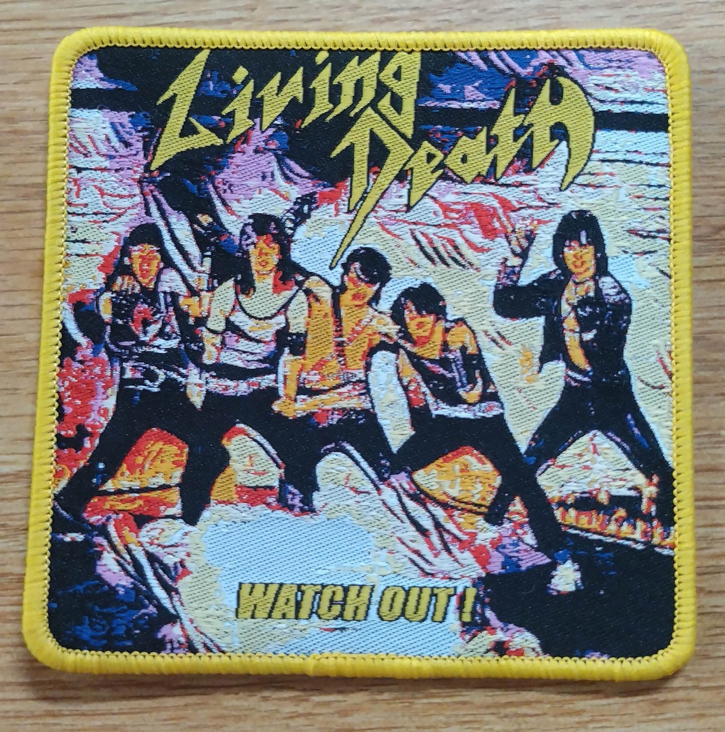 Living Death watch out Woven Patch yellow border