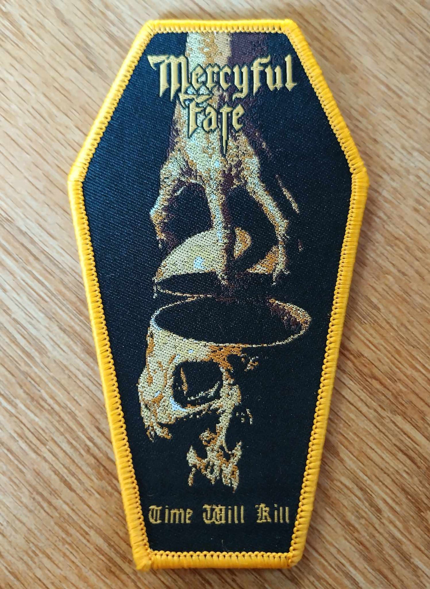 Mercyful Fate time will kill Woven Patch (coffin shape) yellow border