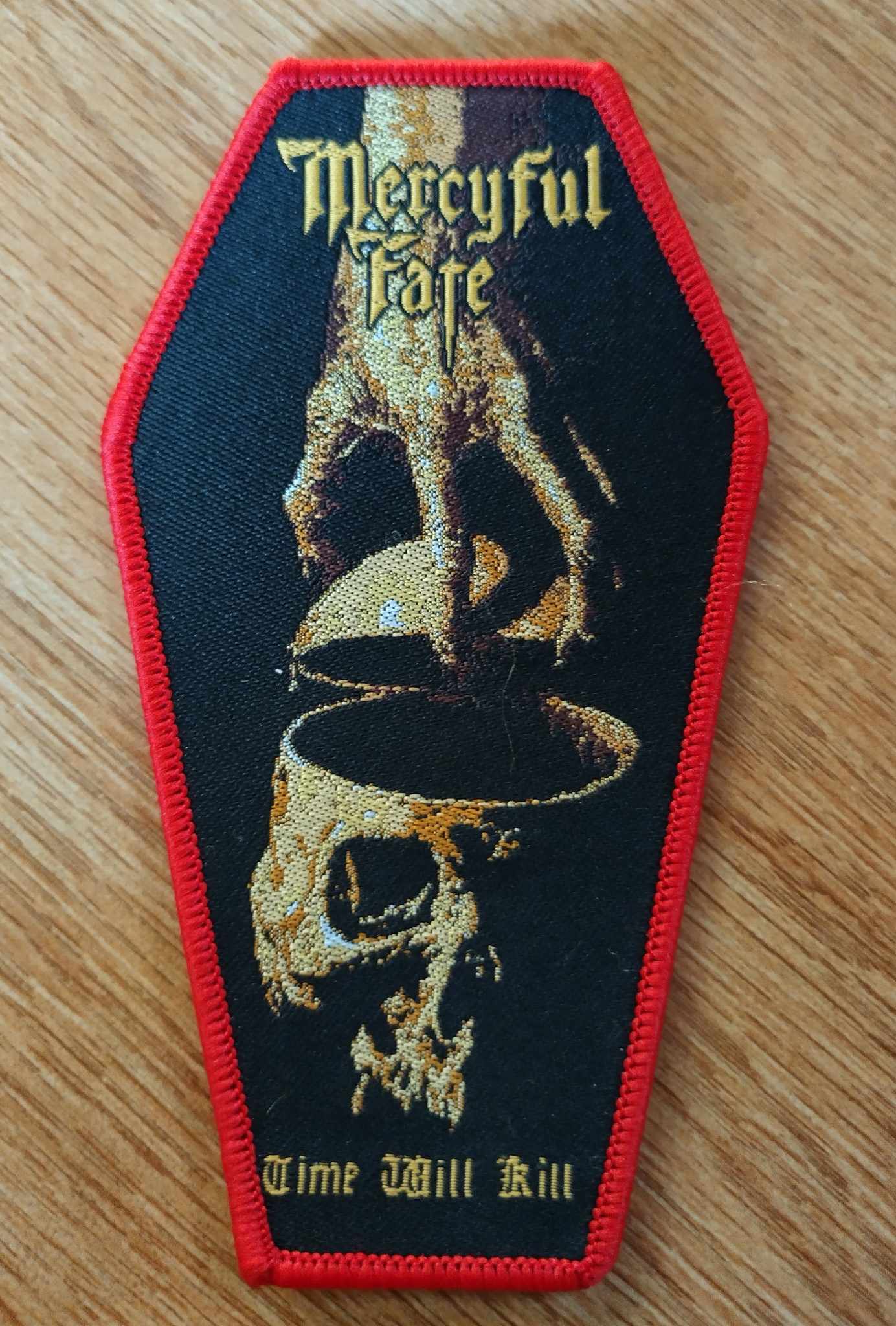 Mercyful Fate time will kill Woven Patch (coffin shape) red border