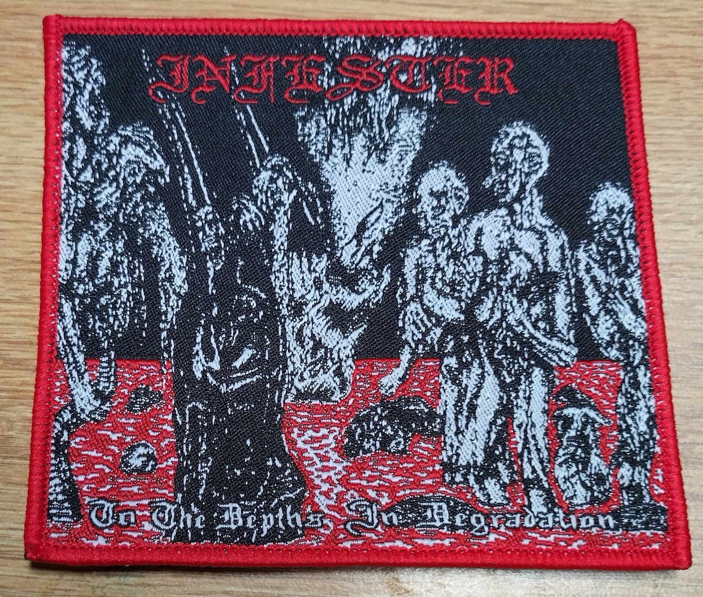 Infester  to the depths in degradation WOVEN PATCH Red border