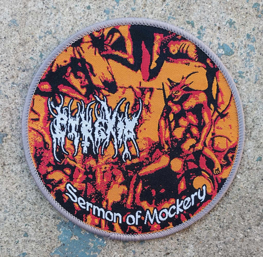 Pyrexia Sermon of mockery Grey border WOVEN PATCH