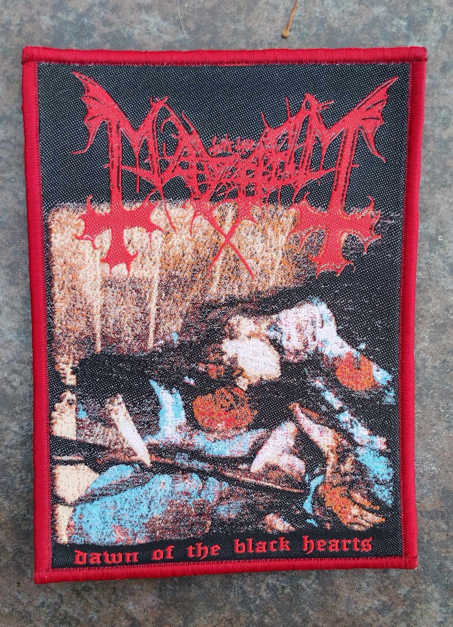 Mayhem Dawn of the blackhearts Red border WOVEN PATCH