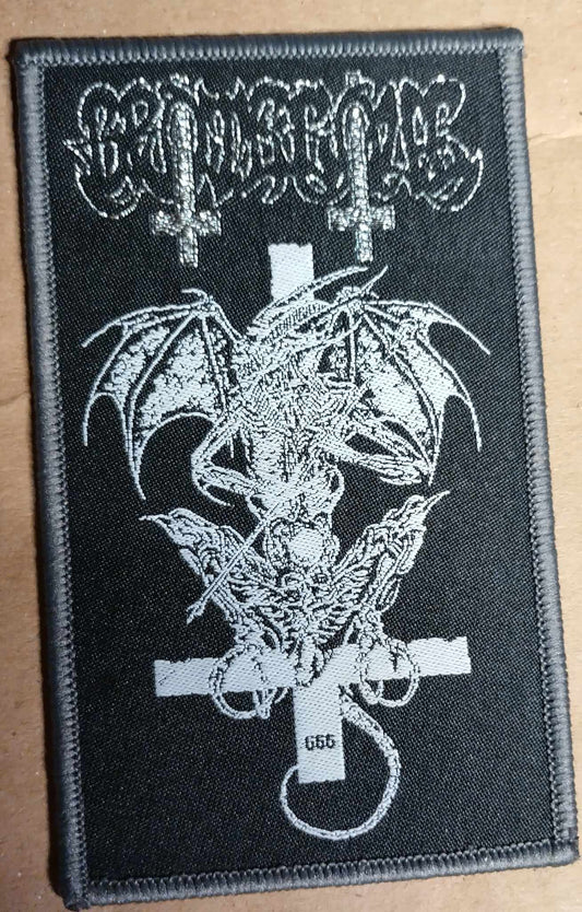 Grotesque in embrace of evil grey border WOVEN PATCH