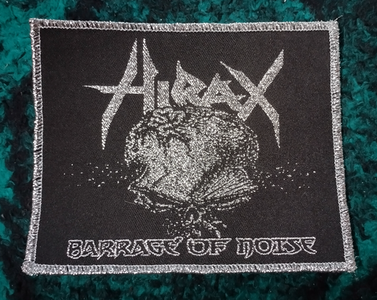 Hirax Barrage of noise Metallic silver border Woven Patch