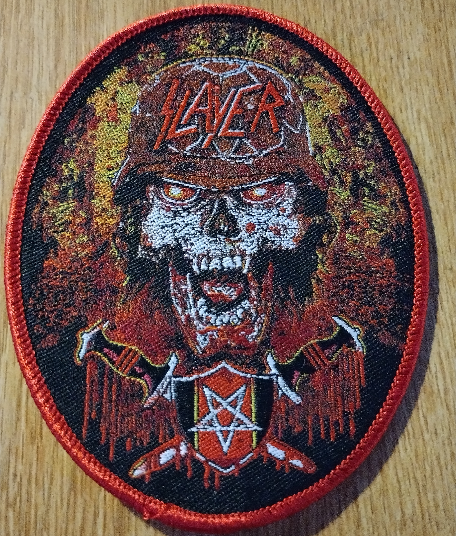 Slayer skull helmet Burgundy border Woven Patch