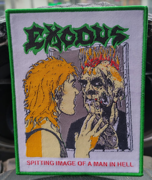 Exodus spitting image of a man in hell Green border Woven Patch