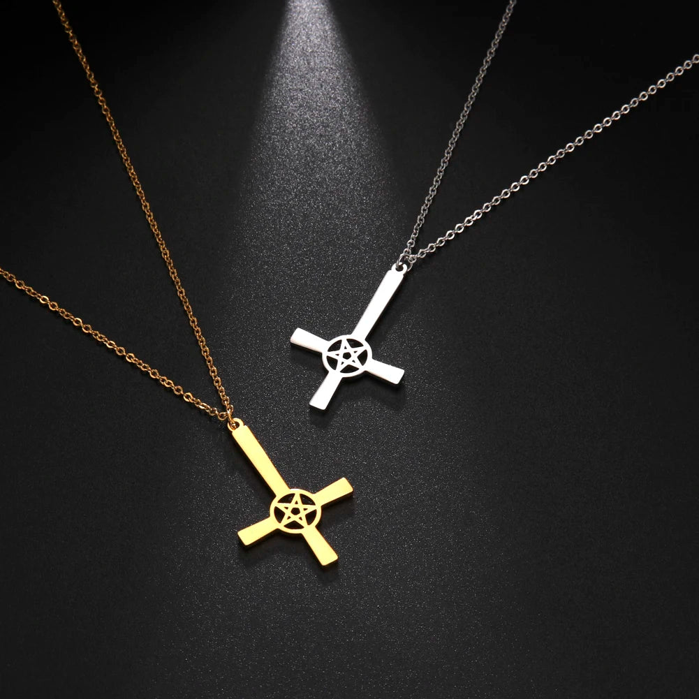 Pentagram Inverted Cross Necklace for Men and Women Stainless Steel