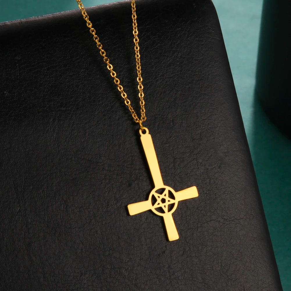 Pentagram Inverted Cross Necklace for Men and Women Stainless Steel