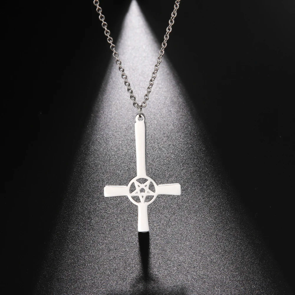 Pentagram Inverted Cross Necklace for Men and Women Stainless Steel