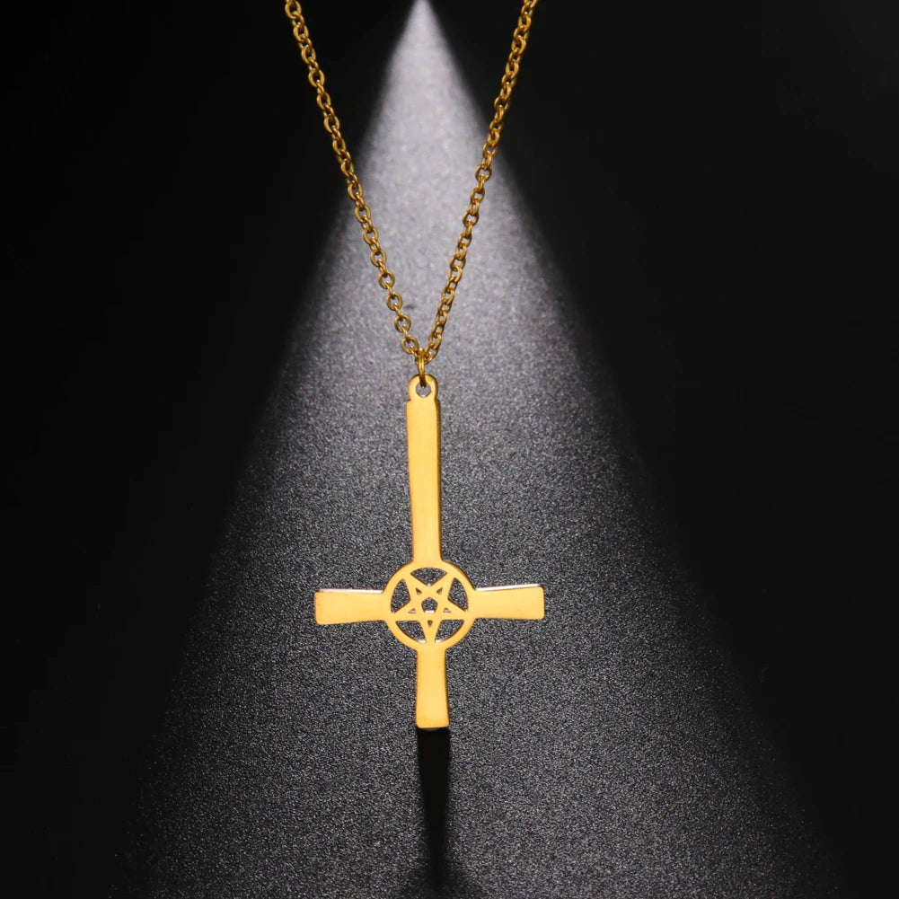 Pentagram Inverted Cross Necklace for Men and Women Stainless Steel