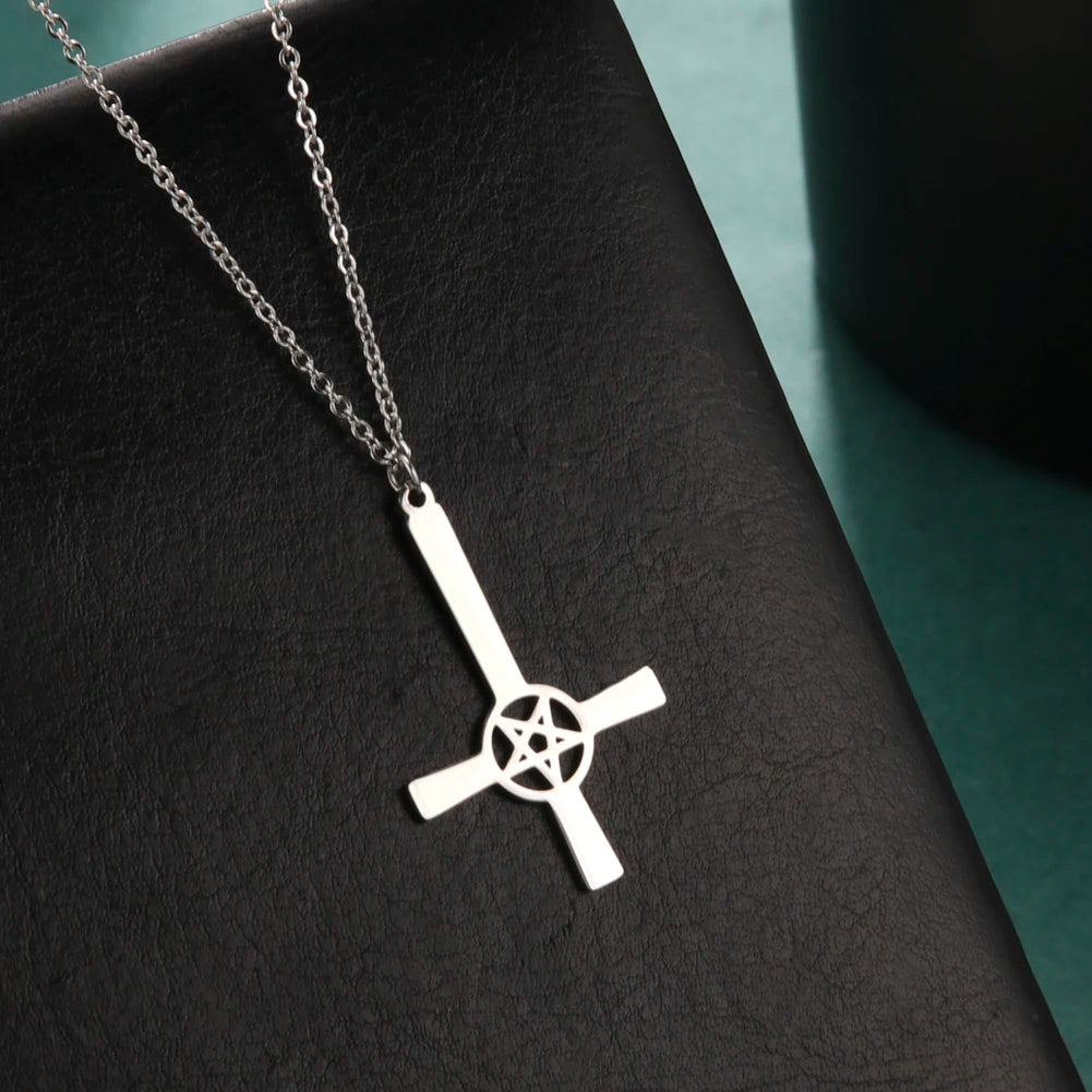 Pentagram Inverted Cross Necklace for Men and Women Stainless Steel