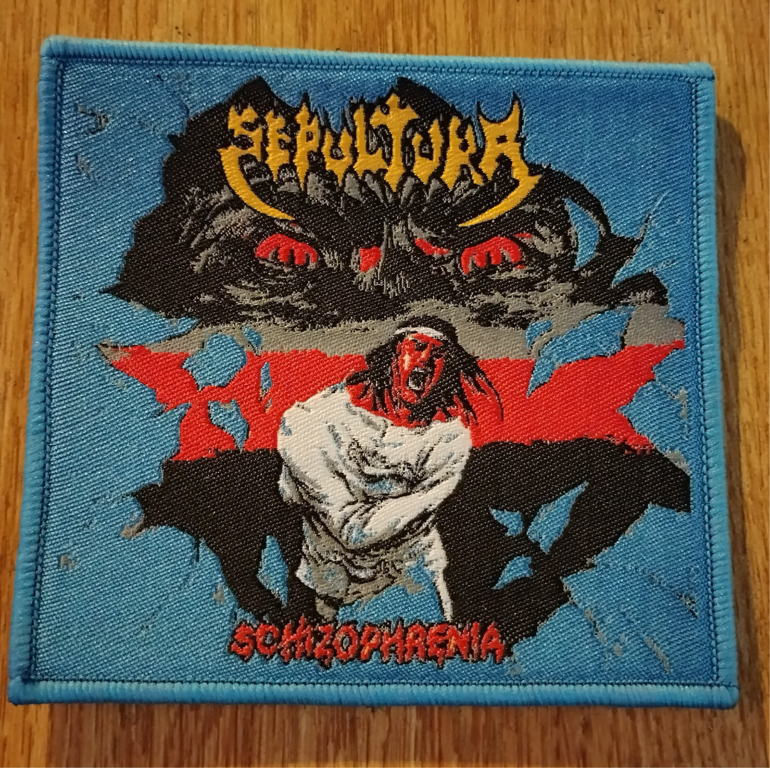 Sepultuta schizophrenia art Blue Border Woven Patch