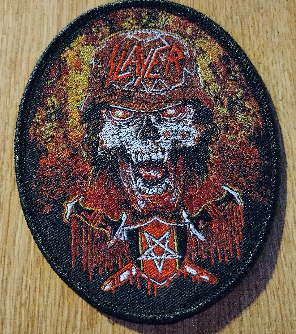 Slayer skull helmet Black border Woven Patch