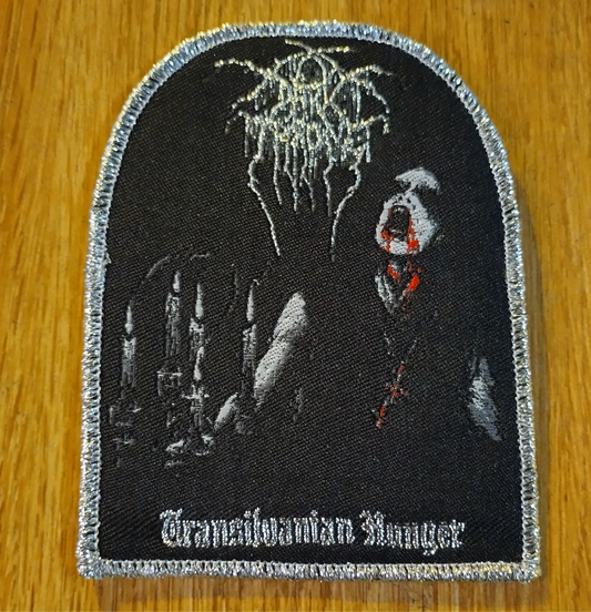 Darkthrone Transylvanian hunger tombstone shaped Metallic silver border Woven Patch