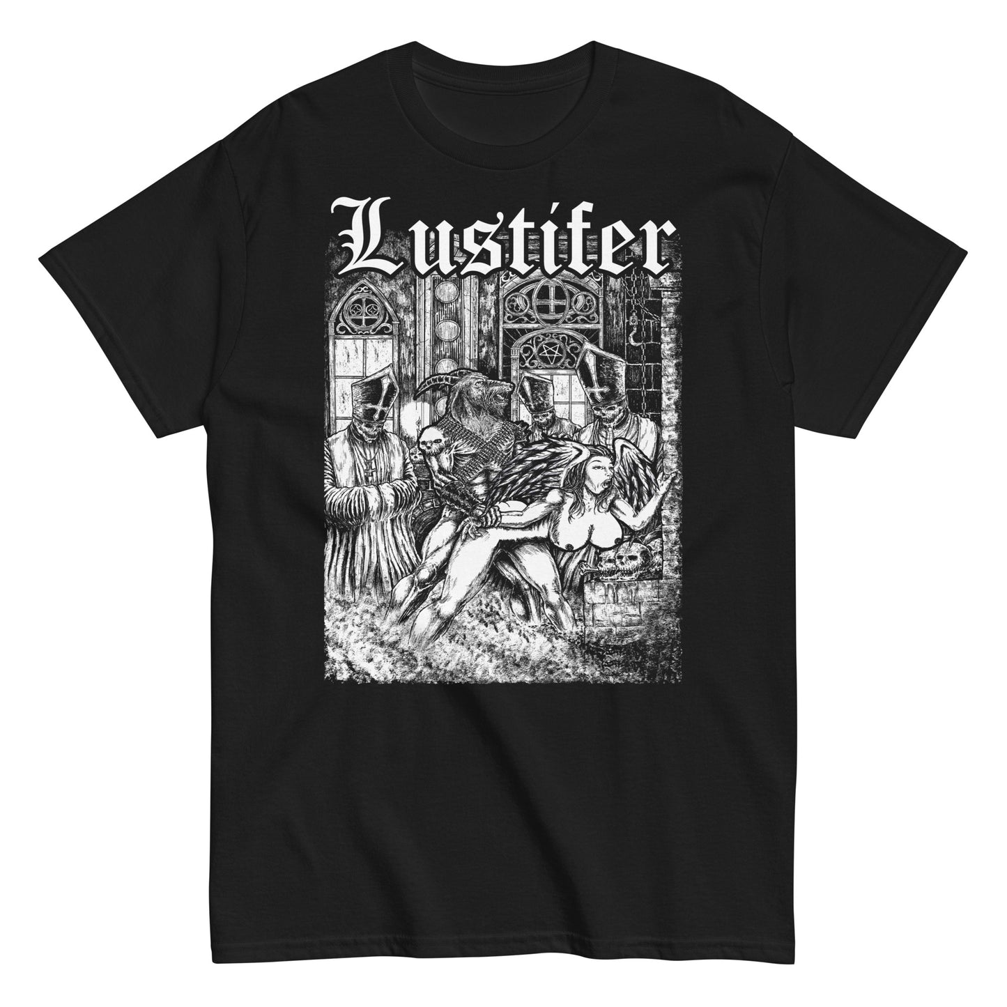 Lustifer Goat Man with Woman and evil Popes T-SHIRT