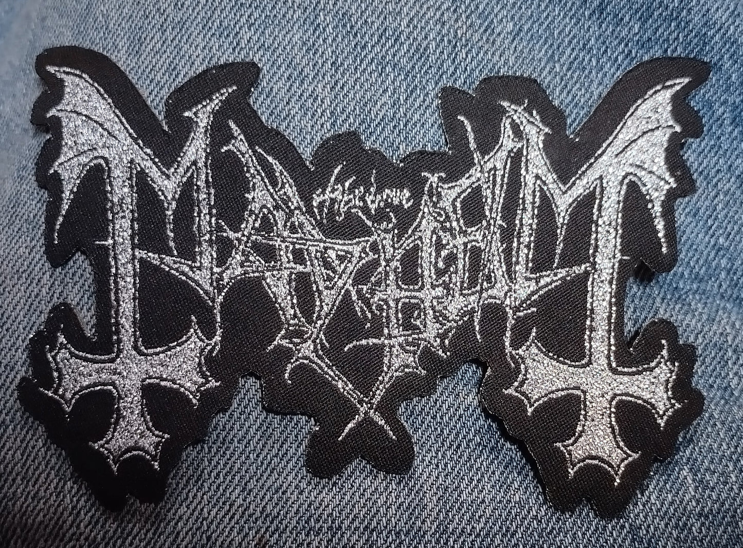 Mayhem metallic silver logo laser cut Woven Patch