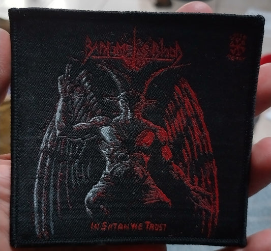 Baphomets Blood in Satan we trust black border Woven Patch