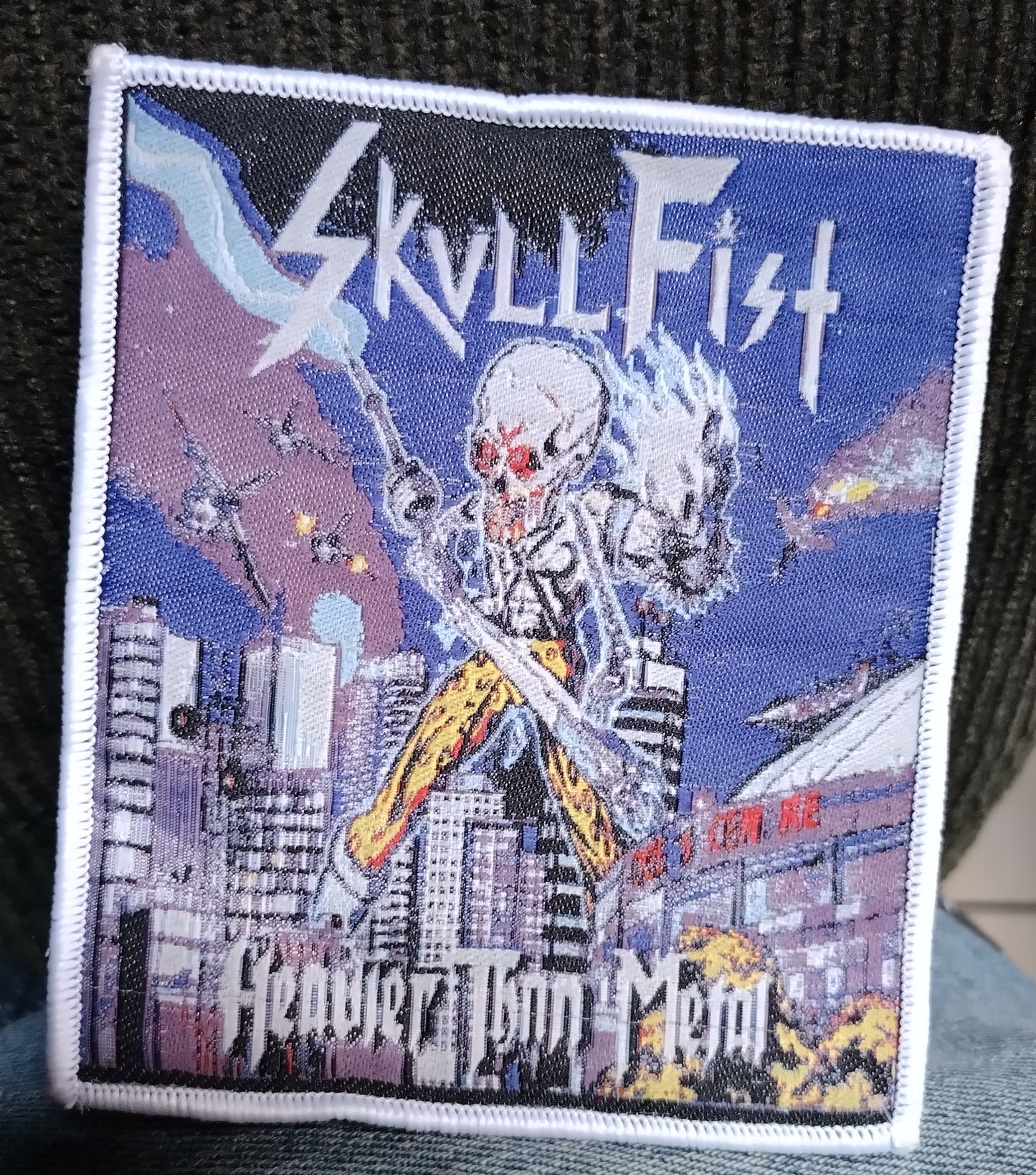 Skull Fist Heavier than metal White border Woven Patch