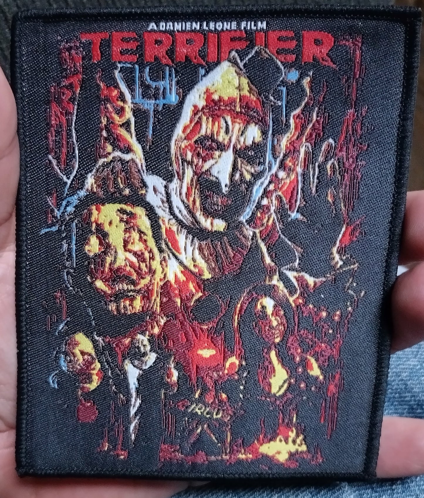 Terrifier Art the Clown with bloody head Black border Woven Patch