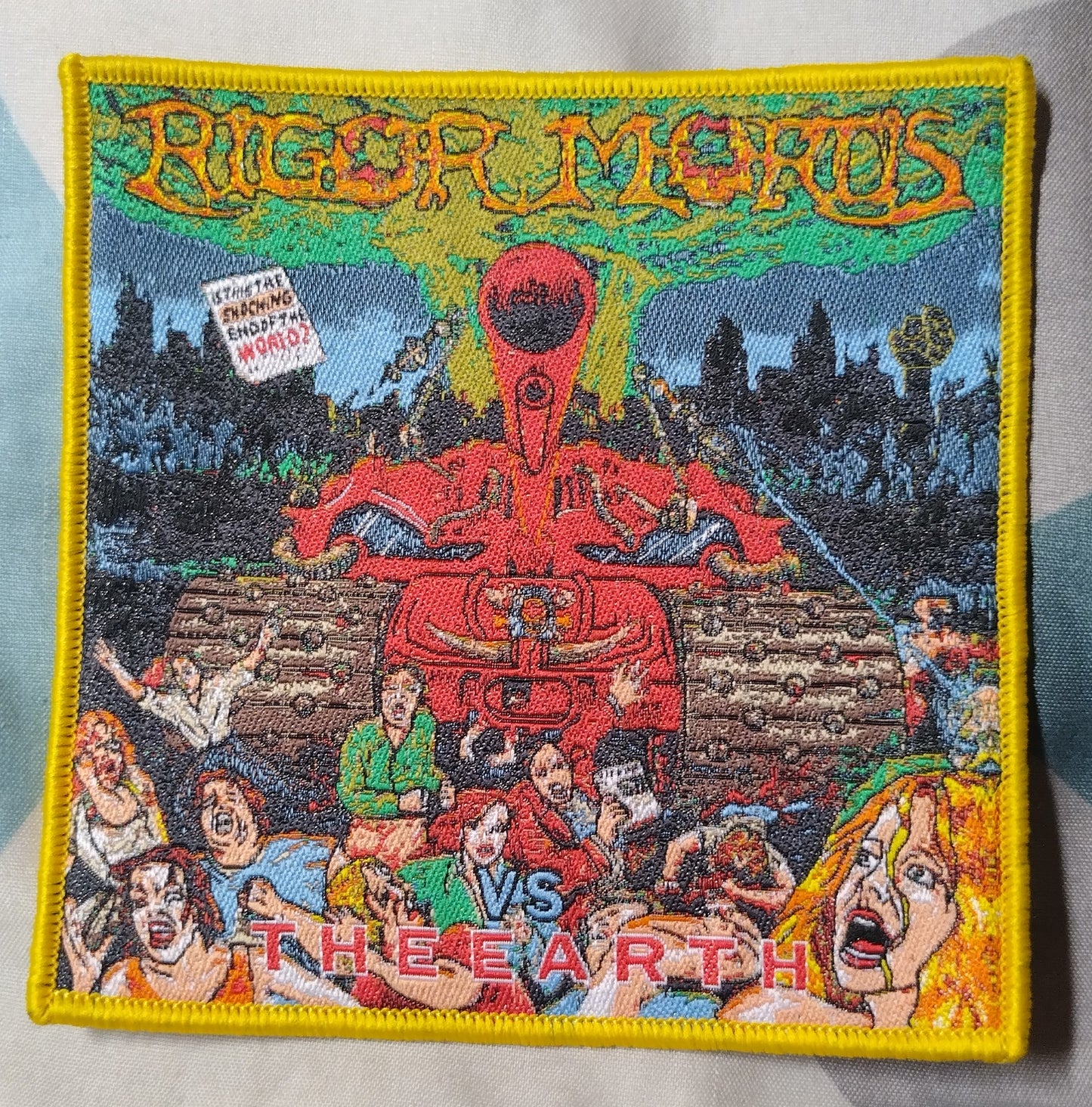 Rigor Mortis vs the earth Yellow border Woven Patch