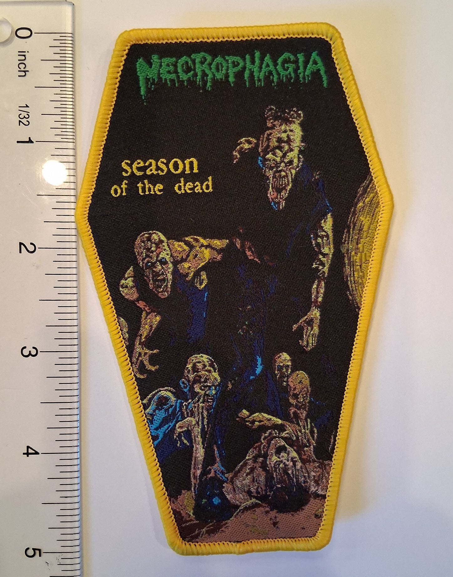 Necrophagia Season Of The Dead Coffin Shaped Woven Patch