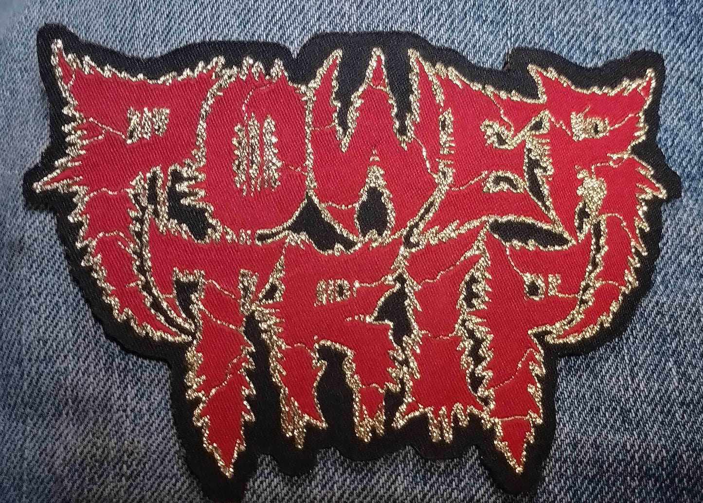 Power Trip red and metallic gold logo Laser cut Woven Patch