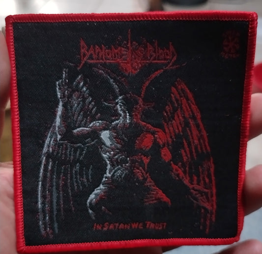 Baphomets Blood in Satan we trust Red Border Woven Patch