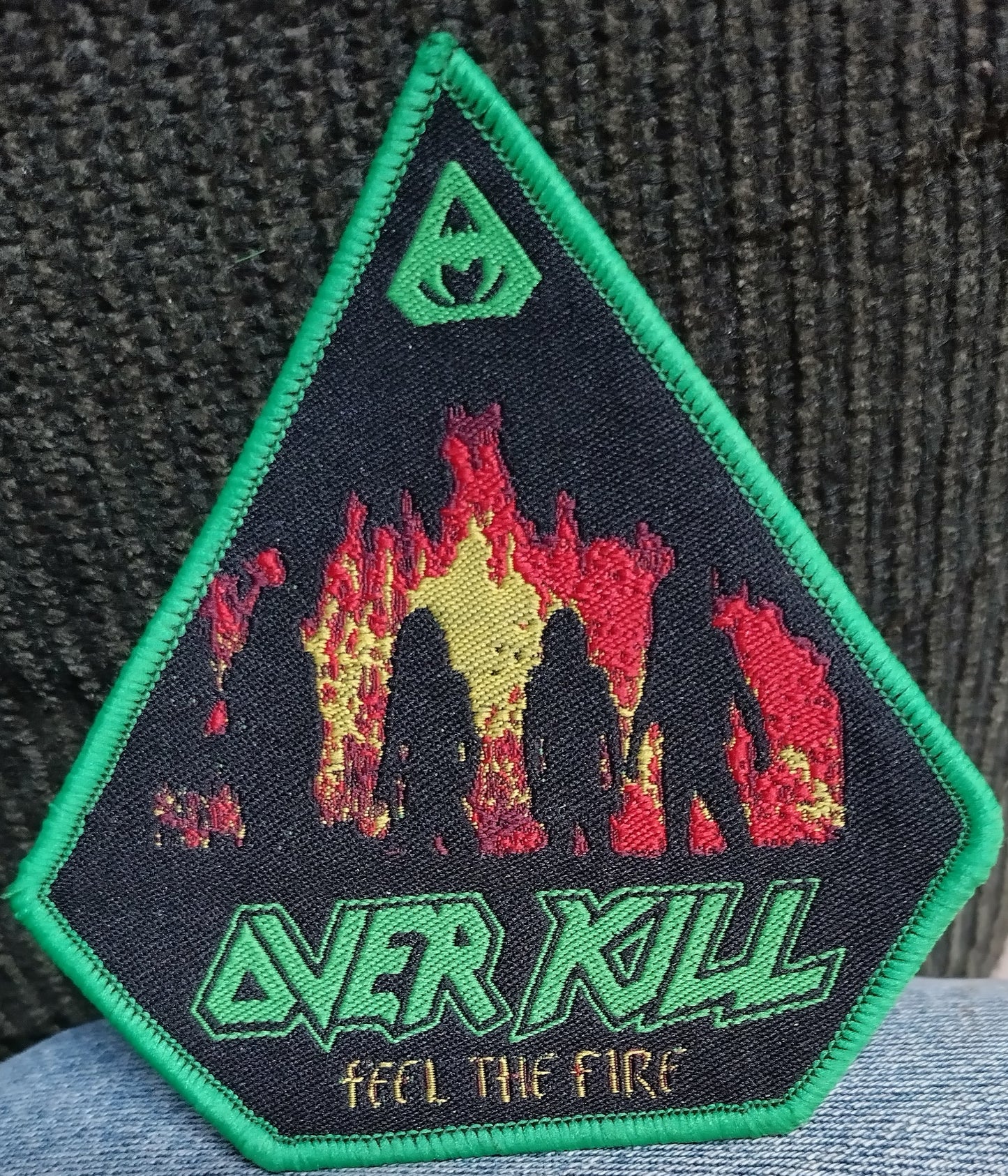 Overkill feel the fire Green border Woven Patch