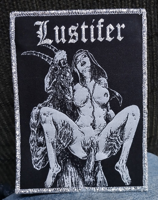 Lustifer Baphomet and Nun Metallic Silver border Woven Patch