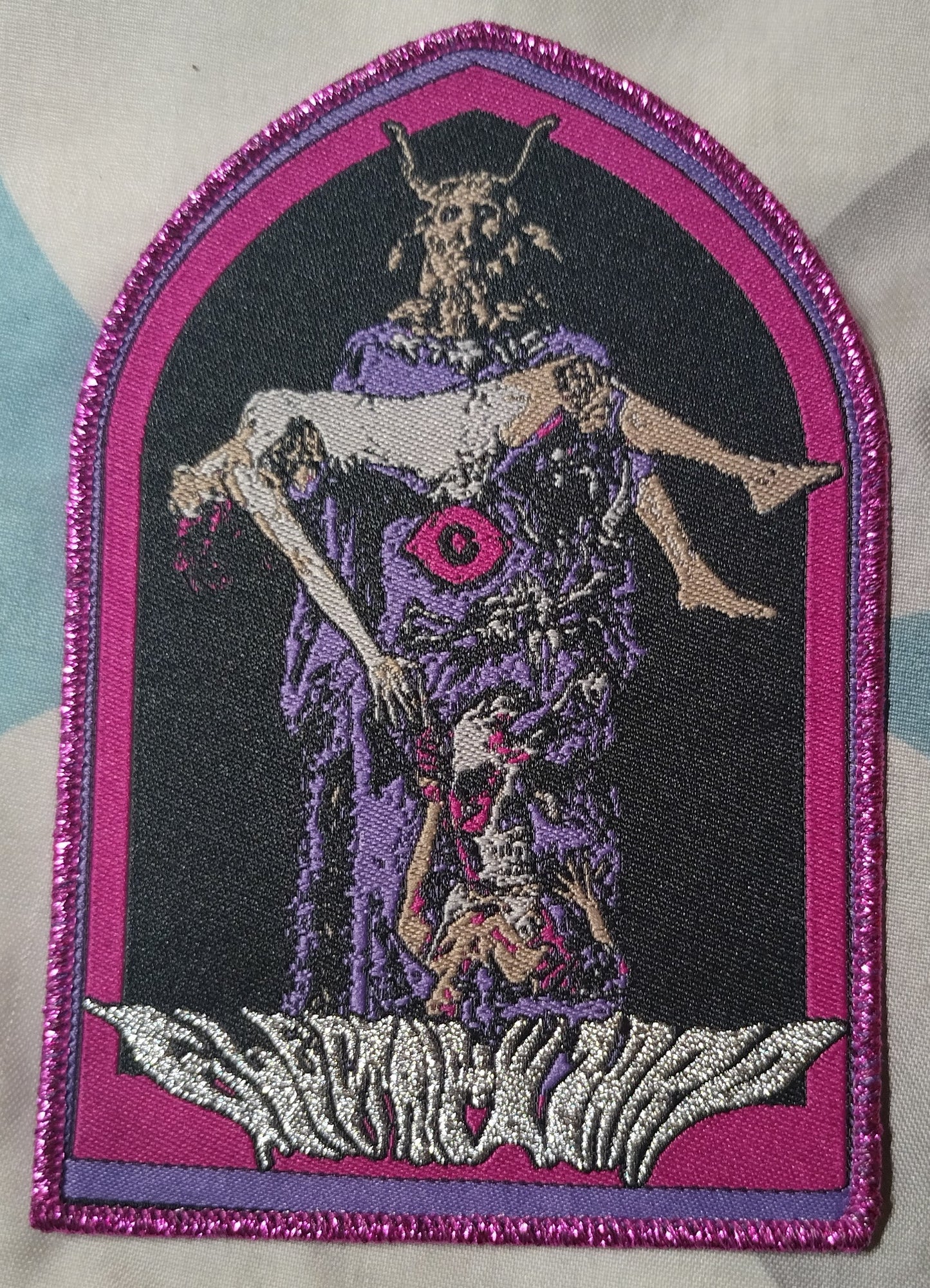 Electric Wizard demon carrying woman Metallic Purple border Woven Patch